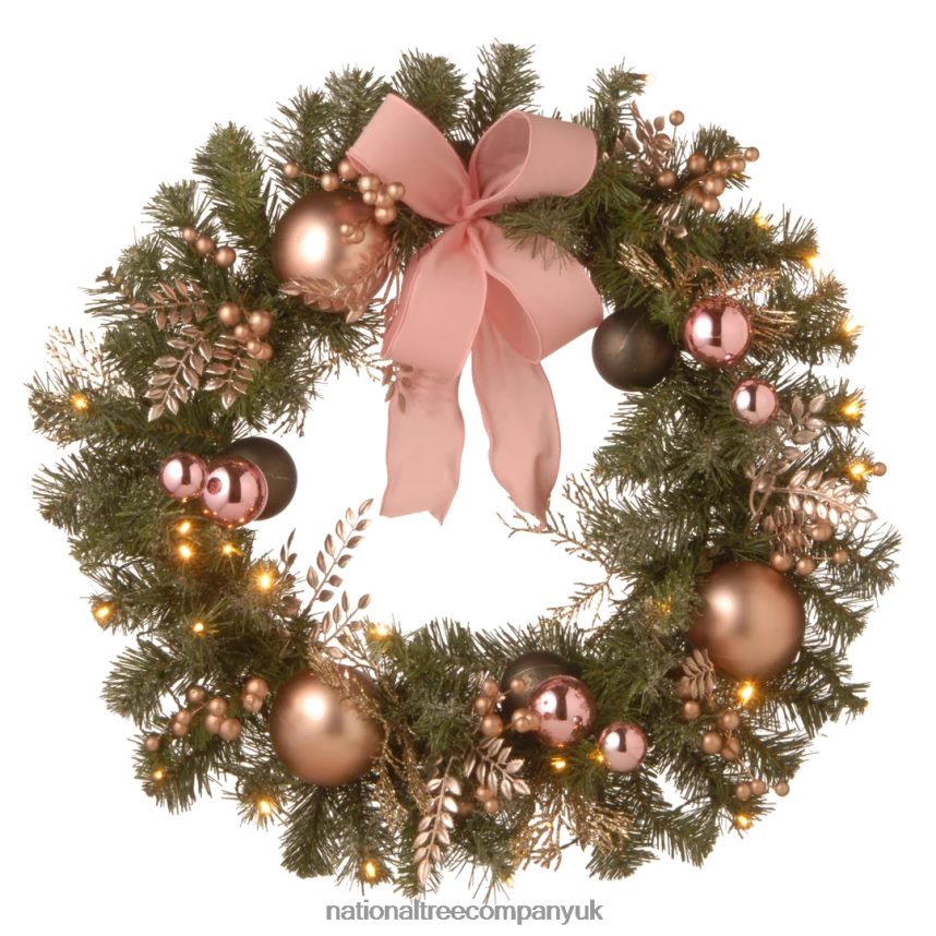 Greenery | National Tree Company Pre-Lit Artificial Christmas Wreath Green Bristle Berry Pine White Lights Decorated with Ball Ornaments Pink Ribbon Bows Twigs Christmas Collection 28 Inches F